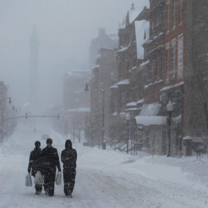 People walking in snow storm